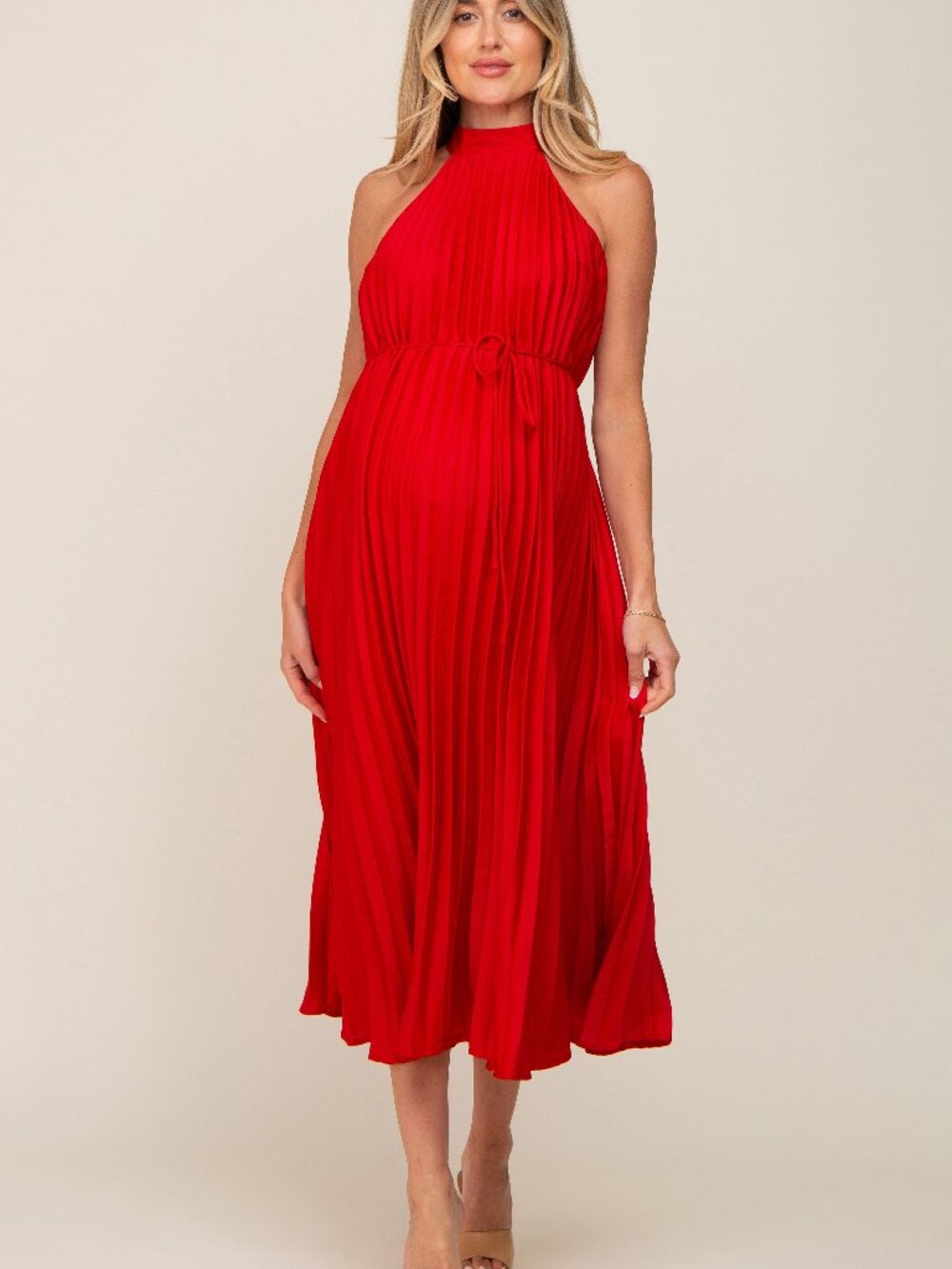 PinkBlush Red Pleated Maternity Halter Dress – Size M